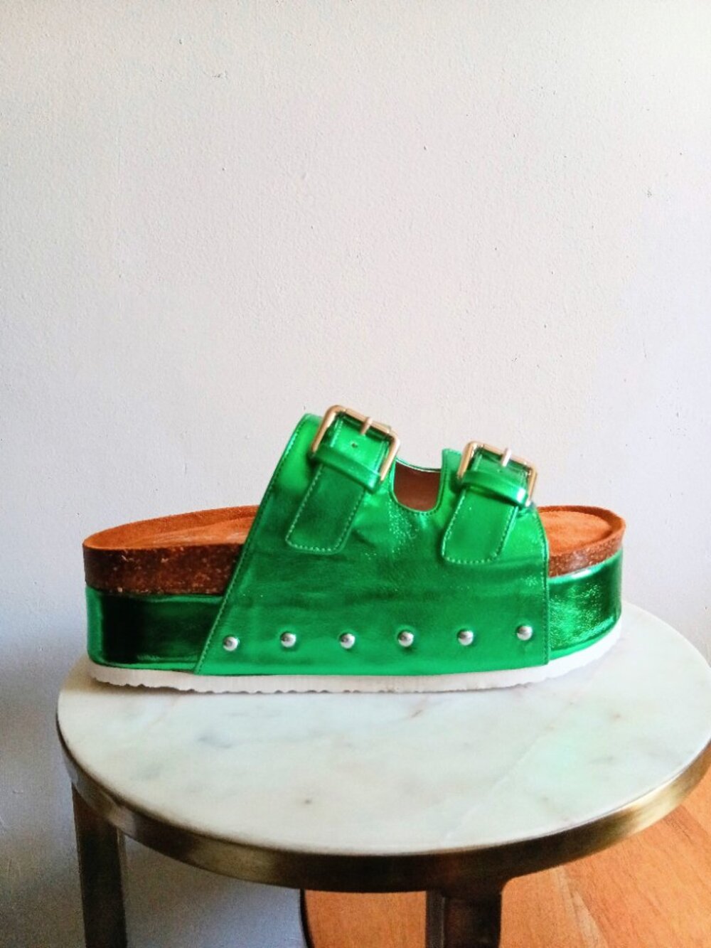 Cape Robbin "Super Snake" Metallic Green Flatform Sandals
